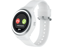 Charger l&#39;image dans la galerie, Une smartwatch blanche affichant un écran de numérotation téléphonique avec des icônes d&#39;appel et de fin d&#39;appel.
