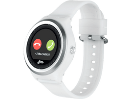 Une smartwatch blanche affichant un écran de numérotation téléphonique avec des icônes d