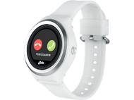 Une smartwatch blanche affichant un écran de numérotation téléphonique avec des icônes d'appel et de fin d'appel.