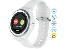 Charger l&#39;image dans la galerie, Smartwatch blanche avec écran rond, bracelet blanc et plusieurs icônes sur le côté droit.
