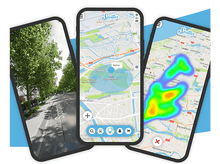 Charger l&#39;image dans la galerie, Trois téléphones avec des cartes montrant des vues de la route, des plans de cartes et des heatmaps.
