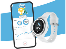 Charger l&#39;image dans la galerie, Un tracker de fitness blanc avec un téléphone affichant les pas, sur fond bleu.
