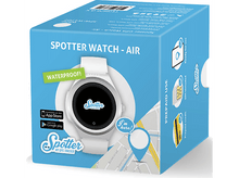 Charger l&#39;image dans la galerie, Boîte de montre GPS Spotter. La montre est blanche et la boîte bleue avec des graphiques.
