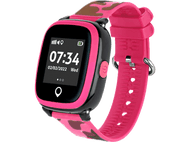 Smartwatch rose avec bracelet camouflage. L'écran affiche l'heure et la date. Il possède un bouton d'alimentation rose.