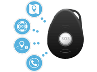 Appareil SOS noir avec des icônes bleues de carte, SOS, localisation et téléphone.