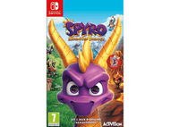 Jaquette du jeu Spyro Reignited Trilogy pour Nintendo Switch. Dragon violet Spyro avec cornes jaunes, fond flamboyant.