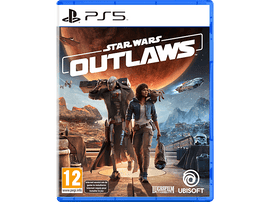 Illustration de la boîte du jeu Star Wars: Les personnages se tiennent devant un fond de planète. Le titre est Star Wars Outlaws.