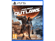 Illustration de la boîte du jeu Star Wars: Les personnages se tiennent devant un fond de planète. Le titre est Star Wars Outlaws.