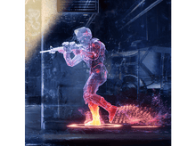 Charger l&#39;image dans la galerie, Un soldat futuriste, translucide avec des teintes rouges et bleues, visant une arme.
