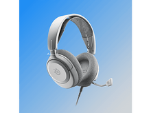 Charger l&#39;image dans la galerie, Casque blanc avec oreillettes grises, micro et bandeau gris sur fond bleu dégradé.
