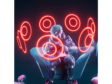 Charger l&#39;image dans la galerie, Un robot futuriste est assis dans une chaise entouré d&#39;anneaux lumineux. Le fond est sombre.
