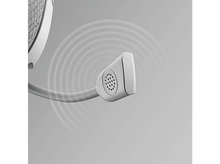 Charger l&#39;image dans la galerie, Gros plan sur un microphone de casque. Microphone blanc avec un bras gris et un fond gris clair.
