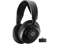 Casque SteelSeries noir avec un dongle USB. Le casque a un bandeau à motifs.