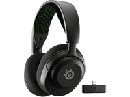 Casque noir avec des touches de vert. Un petit récepteur noir se trouve à côté, sur fond noir.