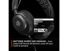 Charger l&#39;image dans la galerie, Casque sans fil SteelSeries Nova 5 noir avec texte blanc. Affiche l&#39;autonomie et la charge rapide.
