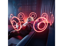 Charger l&#39;image dans la galerie, Un ogre avec un casque sur une chaise longue, entouré d&#39;anneaux lumineux rouges, dans un cadre moderne.
