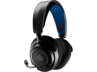 Casque noir avec des accents bleus. Comprend un microphone et le logo SteelSeries.