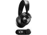 Casque de jeu SteelSeries noir et une unité de contrôle noire sur fond noir.
