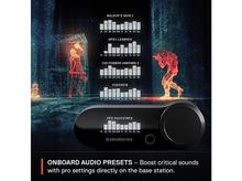 Charger l&#39;image dans la galerie, Casque gaming avec préréglages audio pour différents jeux, avec une station de base noire.
