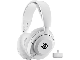 Casque de jeu SteelSeries blanc avec un petit émetteur USB blanc.