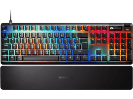 Un clavier avec des touches multicolores. Un repose-poignet est en dessous. La marque est SteelSeries.