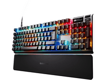 Charger l&#39;image dans la galerie, Clavier noir avec touches rétroéclairées colorées et repose-poignets.
