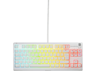 Clavier de jeu blanc avec touches aux couleurs de l'arc-en-ciel et câble blanc.
