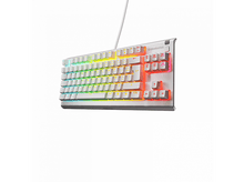 Charger l&#39;image dans la galerie, Un clavier de jeu blanc avec éclairage LED arc-en-ciel. Il a un cadre blanc et des touches noires.
