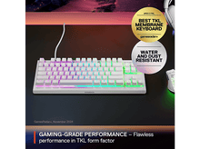 Charger l&#39;image dans la galerie, Clavier blanc avec lumières multicolores, souris blanche et texte mentionnant un prix.
