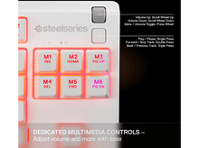 Charger l&#39;image dans la galerie, Gros plan sur un clavier blanc avec touches de contrôle multimédia. Logo SteelSeries visible.
