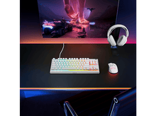 Charger l&#39;image dans la galerie, Configuration de jeu avec clavier, souris, moniteur et casque sur un bureau noir, et éclairage néon.
