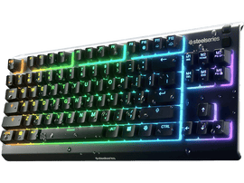 Clavier SteelSeries avec éclairage RVB coloré et touches noires.