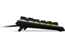 Charger l&#39;image dans la galerie, Vue latérale d&#39;un clavier gaming noir avec touches colorées illuminées.
