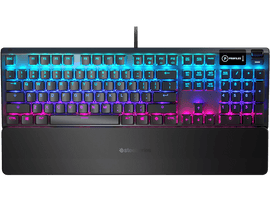 Clavier avec touches multicolores, dont bleu, rose et violet. Repose-poignets en bas.