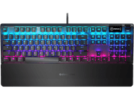 Clavier avec touches multicolores, dont bleu, rose et violet. Repose-poignets en bas.