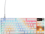 Clavier mécanique blanc avec lumières multicolores. Filaire, avec touches blanches et cadre noir.