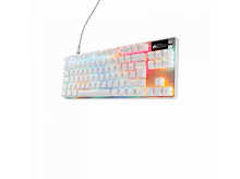 Charger l&#39;image dans la galerie, Clavier mécanique blanc avec touches multicolores et fil blanc sur fond blanc.
