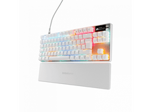 Charger l&#39;image dans la galerie, Clavier blanc avec touches arc-en-ciel, câble blanc et repose-poignets, sur une surface blanche.
