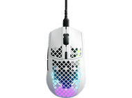 Souris gaming blanche avec motif en nid d'abeille et éclairage RGB. Câble noir.