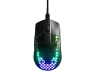 Souris de jeu sans fil SteelSeries Aerox 3 noire avec éclairage RGB et design en nid d'abeille, sur fond blanc.