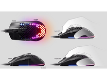 Charger l&#39;image dans la galerie, Une souris de jeu noire avec éclairage RVB. Différentes positions de prise en main sont montrées.
