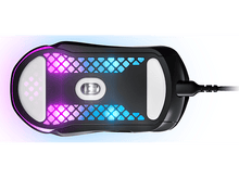 Charger l&#39;image dans la galerie, Le dessous d&#39;une souris de jeu. Il dispose d&#39;un éclairage RVB et de patins blancs.
