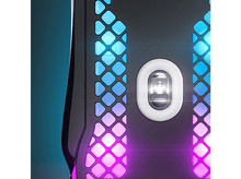 Charger l&#39;image dans la galerie, Gros plan d&#39;une souris gaming avec éclairage RGB. La souris est noire avec des accents bleus et roses.
