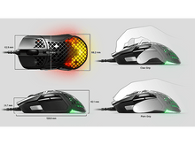 Charger l&#39;image dans la galerie, Souris de jeu avec dimensions et schémas de prise en main sur fond blanc.
