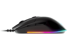 Charger l&#39;image dans la galerie, Souris gaming noire avec bande lumineuse colorée en bas et câble noir.
