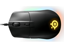 Charger l&#39;image dans la galerie, Une souris de jeu noire avec un logo lumineux, une molette de défilement et un fil connecté.
