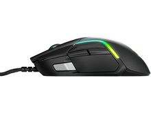 Charger l&#39;image dans la galerie, Vue latérale d&#39;une souris gaming noire avec bords illuminés sur surface blanche.
