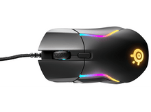 Charger l&#39;image dans la galerie, Une souris d&#39;ordinateur noire avec un câble texturé et des accents lumineux. Elle est sur fond blanc.
