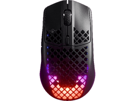 Souris gaming noire avec éclairage RGB. Elle a un motif en nid d