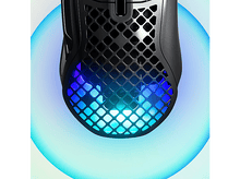 Charger l&#39;image dans la galerie, Souris gaming noire avec design en nid d&#39;abeille, affichant un éclairage bleu et sarcelle sur fond dégradé.
